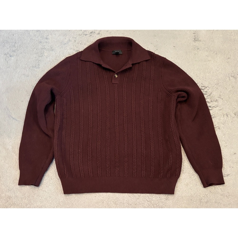 Magaschoni Mens Cable Knit Polo Sweater Burgundy Maroon Long Sleeve Large